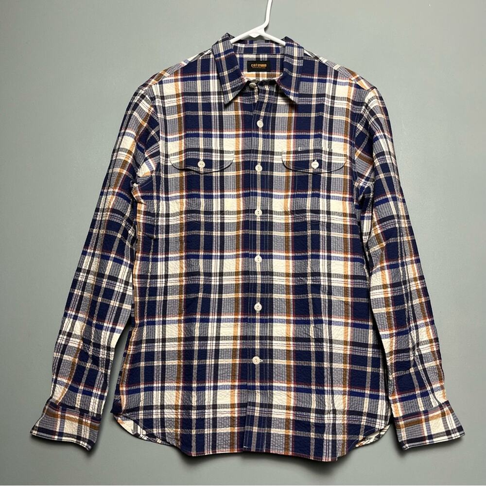 NWT C.O.F. Studio Seersucker Plaid Post Man Shirt Dark Blue Men’s Size M